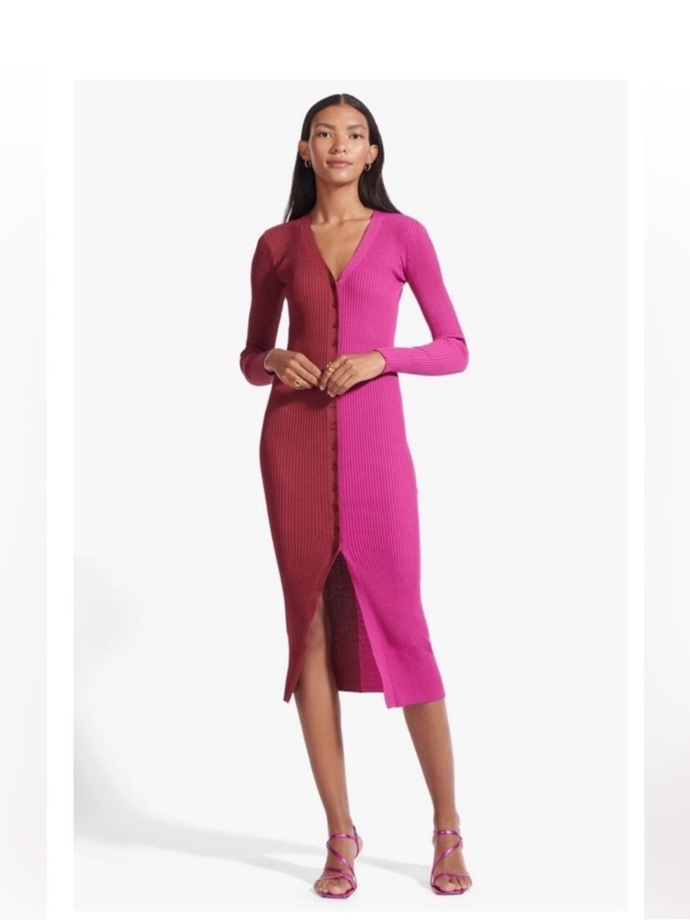 STAUD Shoko ribbed colorblock sweater dress in a fuchsia and burgundy